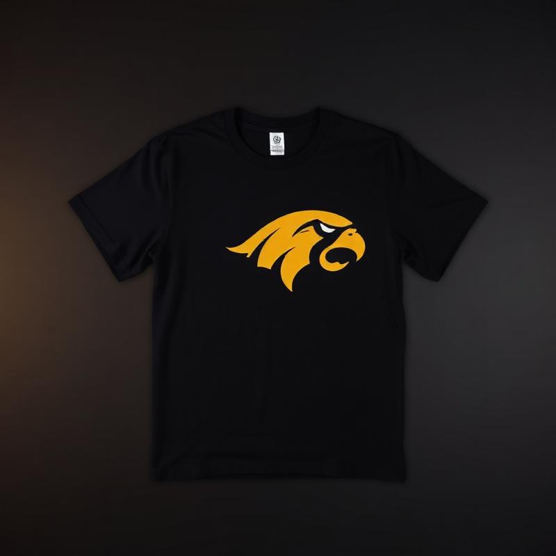 Folded black team spirit tee with a gold mascot screen print