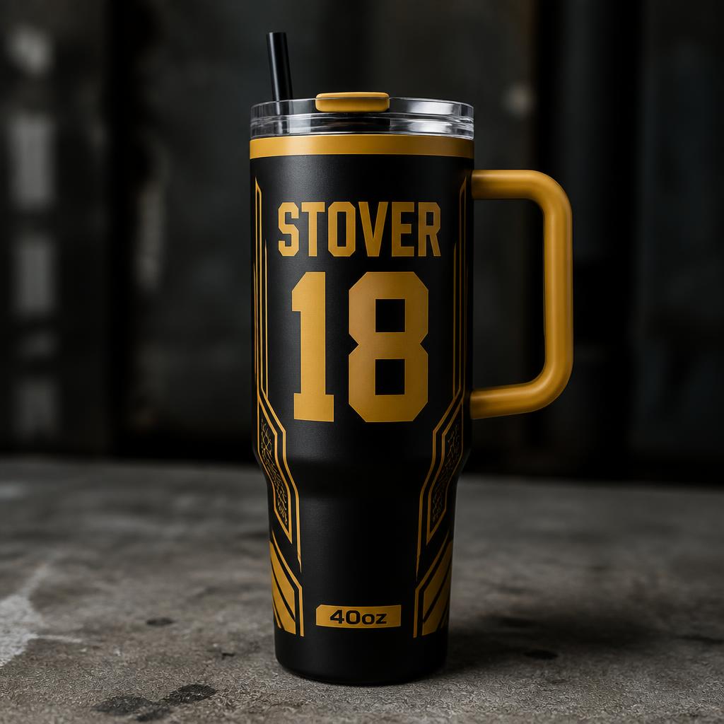 Custom 40oz handled tumbler with a team name and number wrap